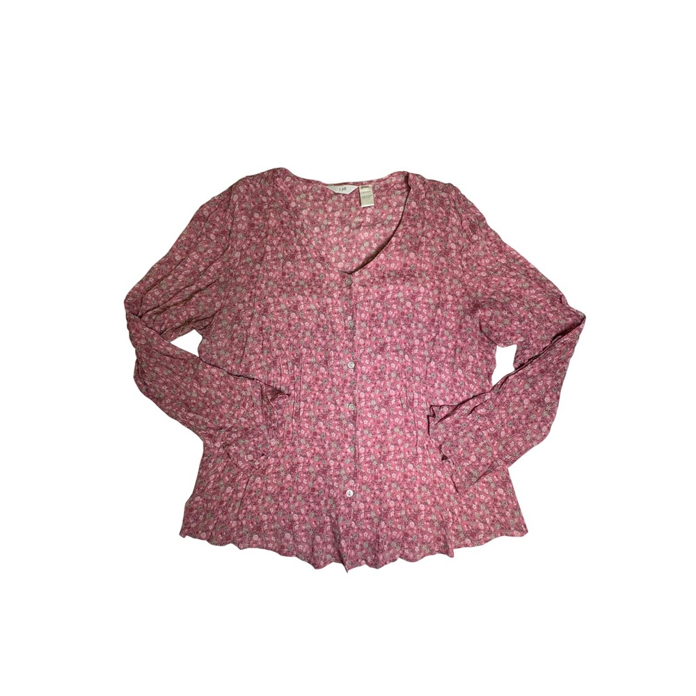 Vintage J. Jill Pink Floral 100% Silk Crinkle Pintuck Button Front Blouse Large